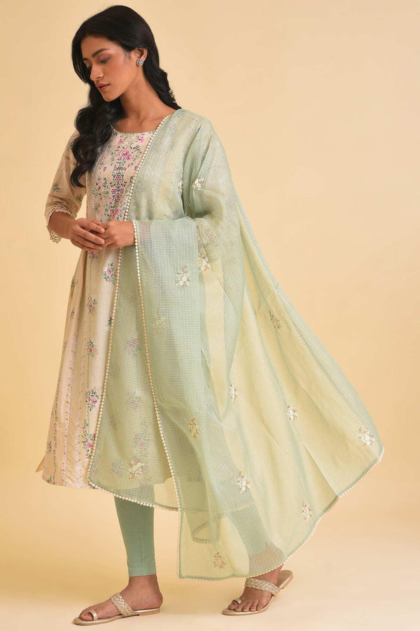 Beige Floral Print kurta, Tights & Dupatta Set