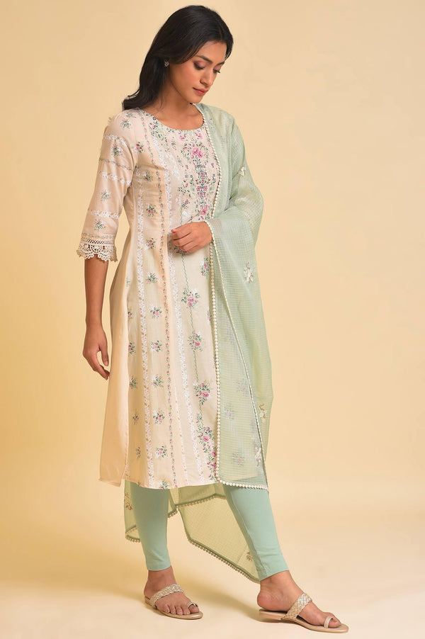 Beige Floral Print kurta, Tights & Dupatta Set