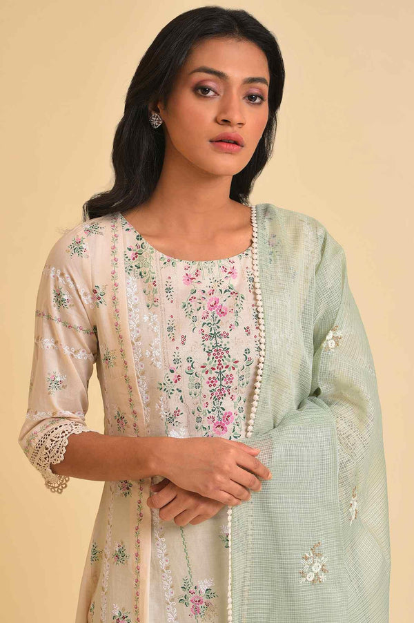 Beige Floral Print kurta, Tights & Dupatta Set