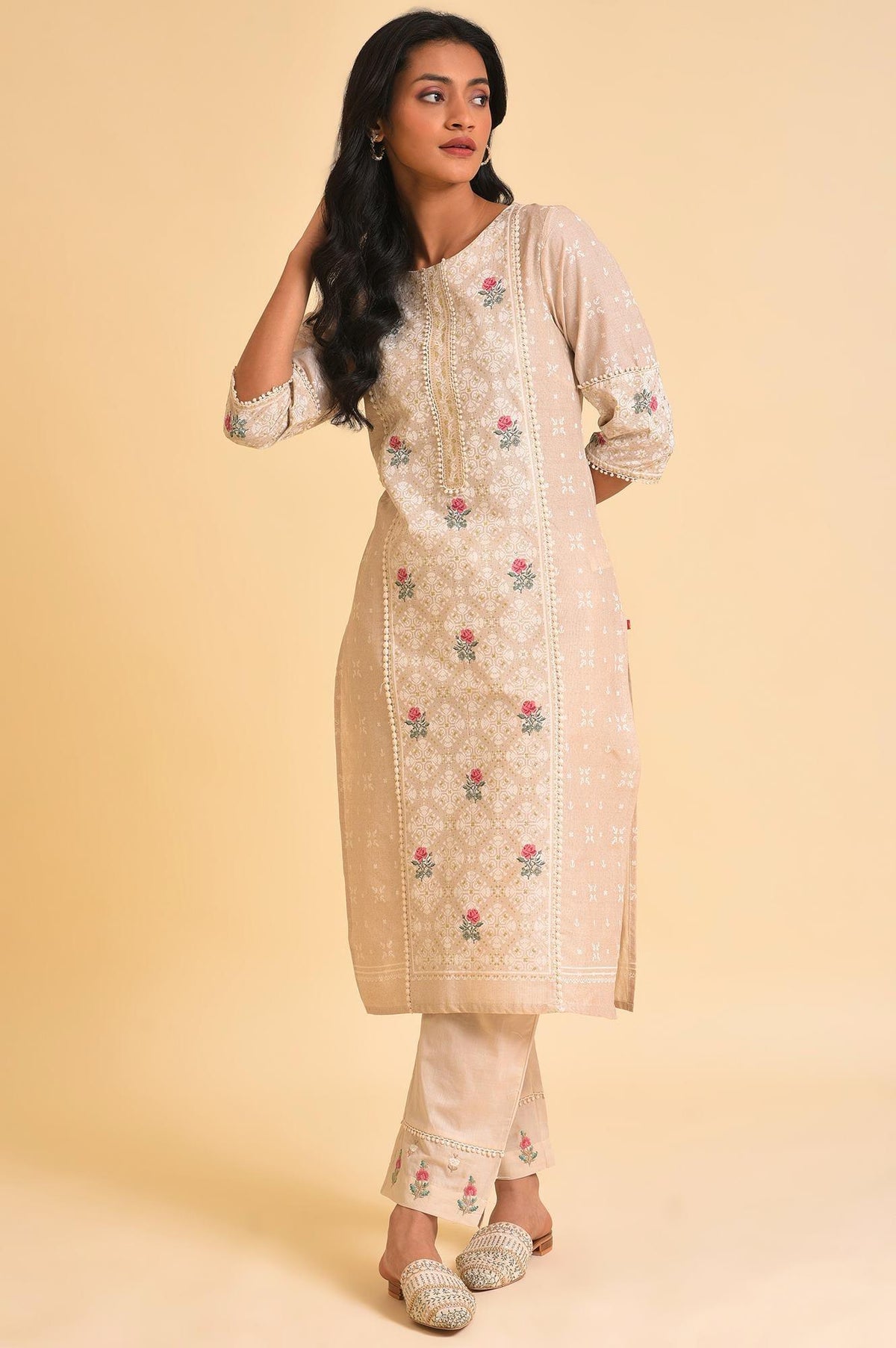 Beige Glitter Printed kurta & Pants Set - XS