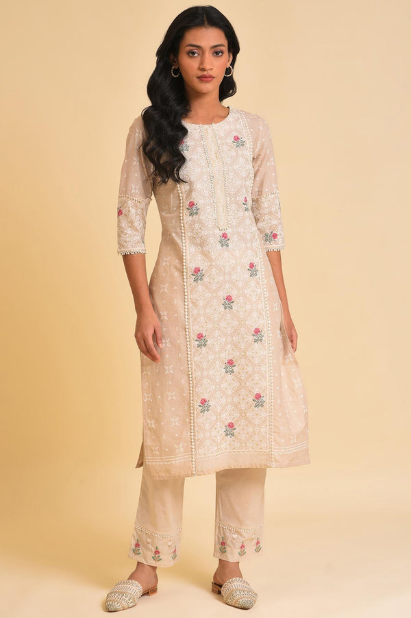 Beige Glitter Printed kurta & Pants Set