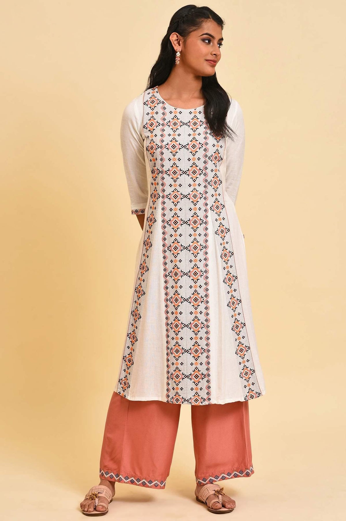 Ecru Printed Summer kurta Set - XS
