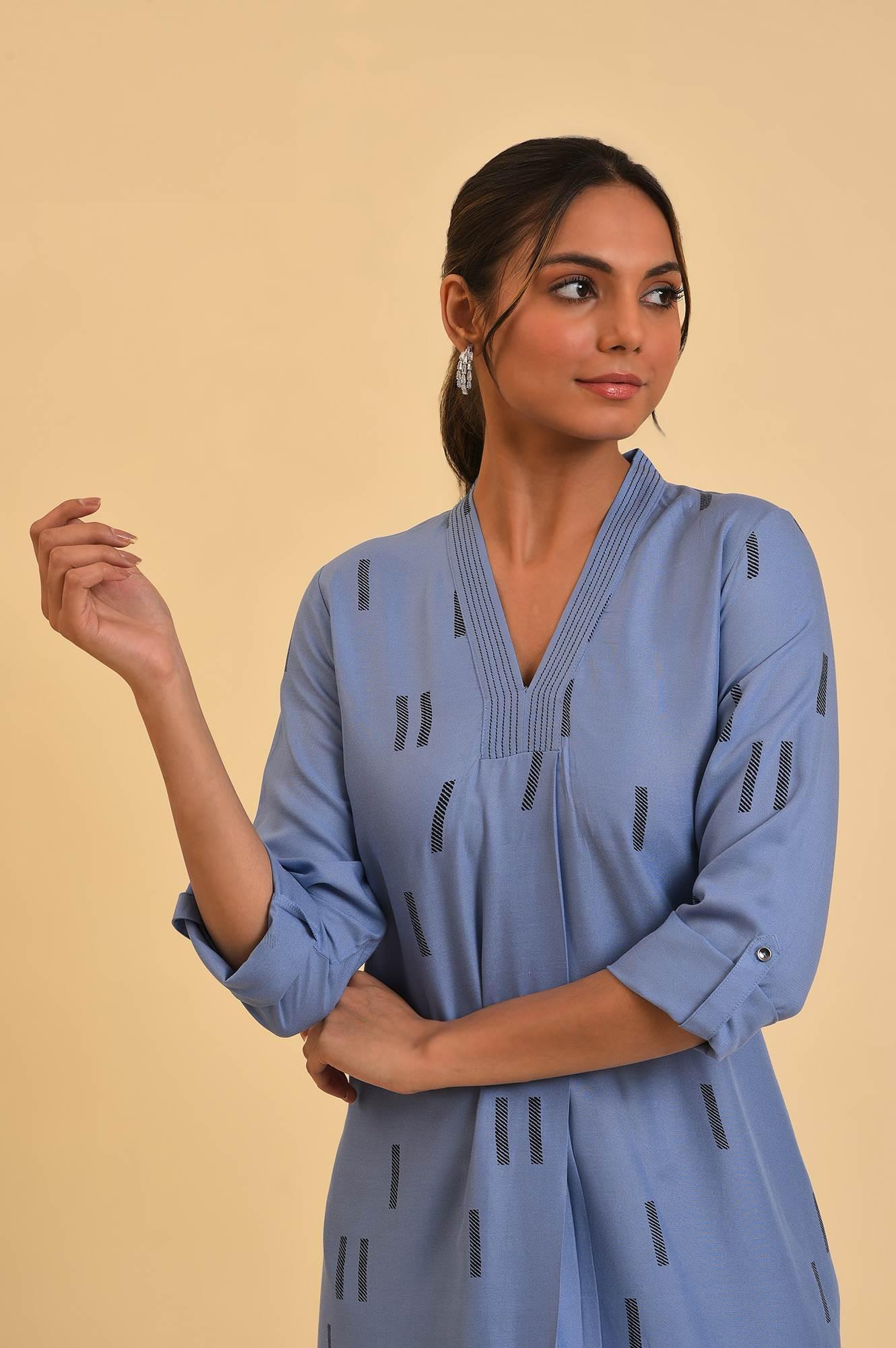 Blue Geometric Print kurta &amp; Pants Set - wforwoman