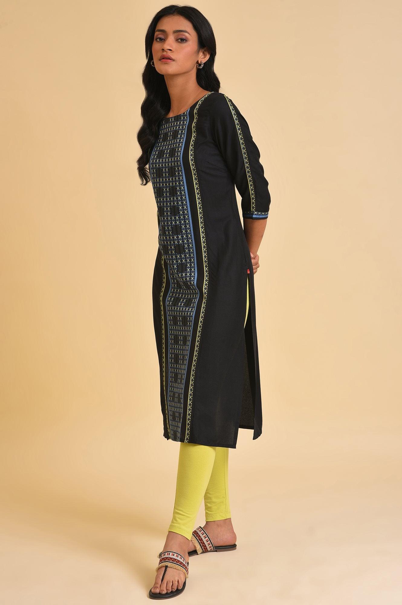 Black Printed kurta &amp; Tights Set - wforwoman