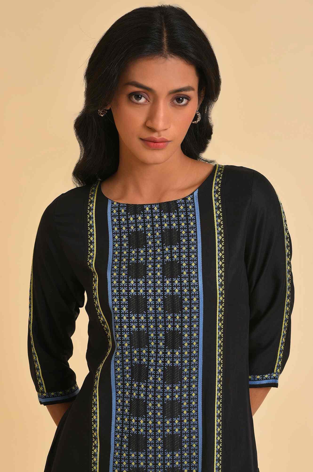 Black Printed kurta &amp; Tights Set - wforwoman