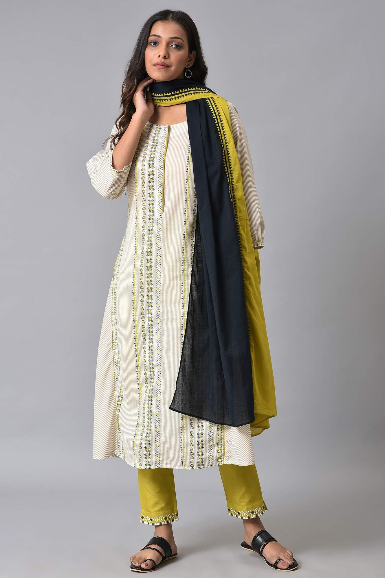 Ecru Prined kurta Set - wforwoman