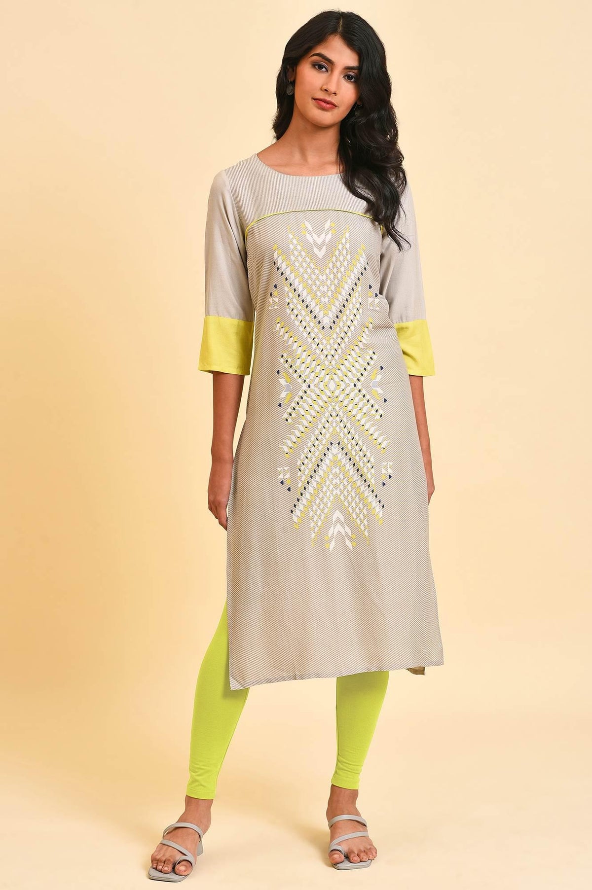 Grey Printed Straight kurta Set - XS