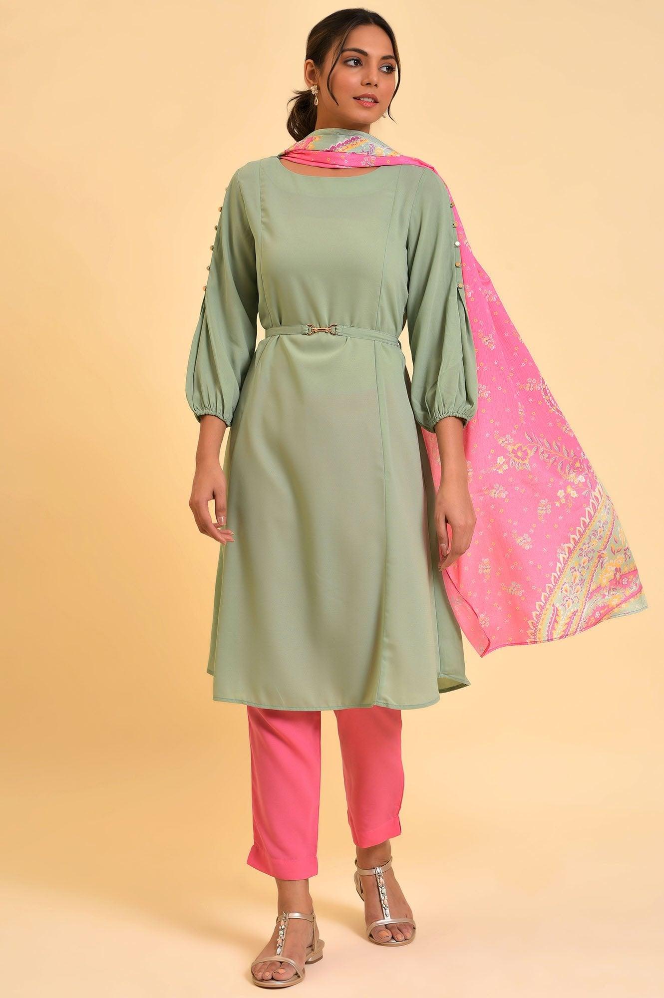 Green A-Line kurta, Slim Pants &amp; Dupatta Set - wforwoman