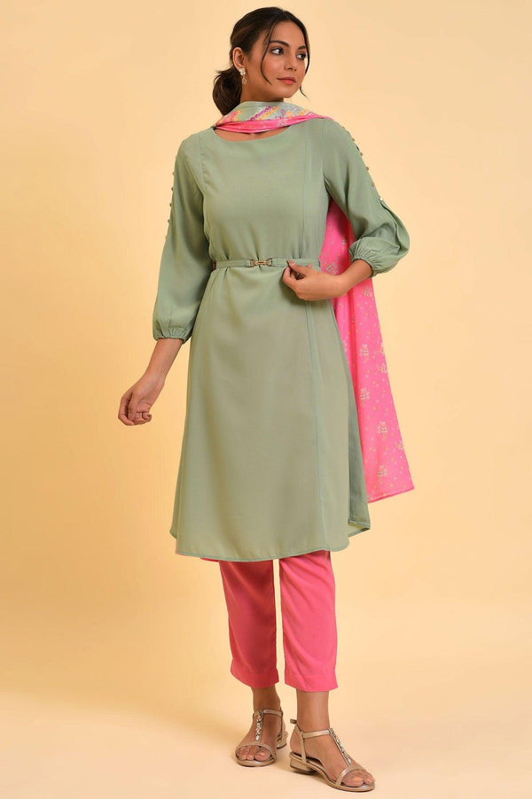 Green A-Line kurta, Slim Pants & Dupatta Set