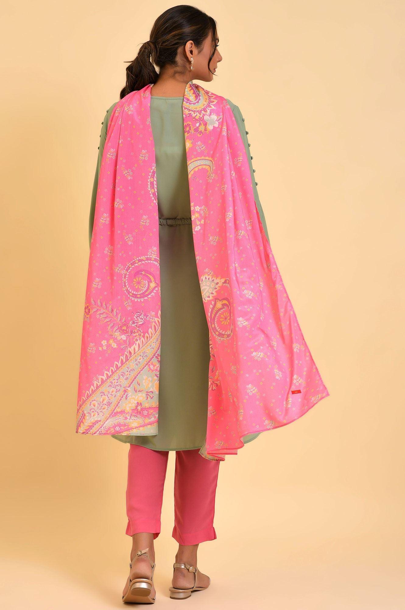 Green A-Line kurta, Slim Pants &amp; Dupatta Set - wforwoman