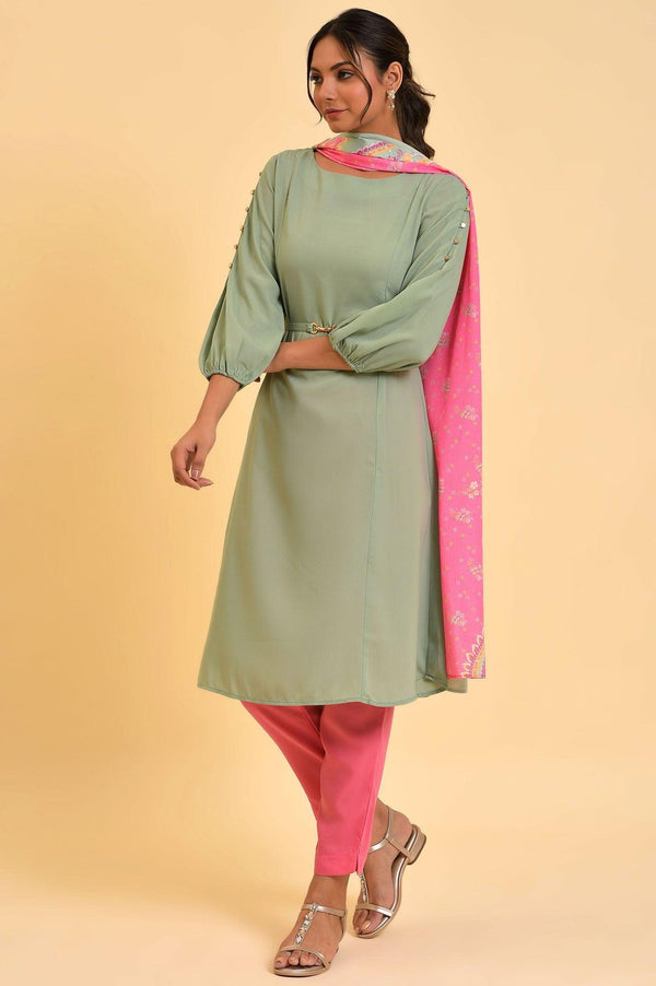 Green A-Line kurta, Slim Pants & Dupatta Set