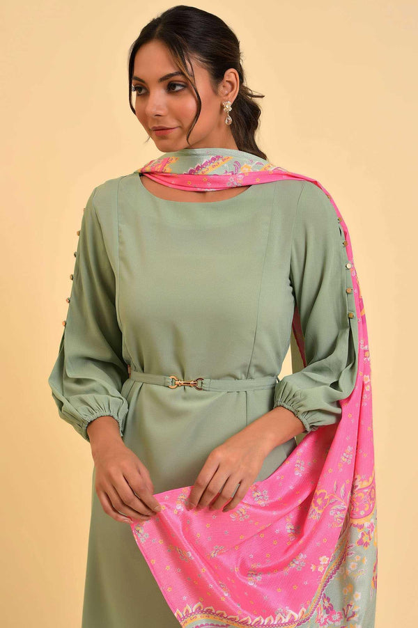 Green A-Line kurta, Slim Pants & Dupatta Set