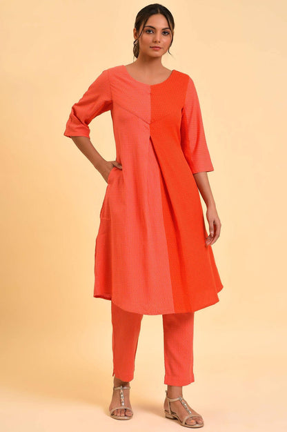 Red Dual Tone Cotton kurta &amp; Slim Pants Co-Ord Set - wforwoman
