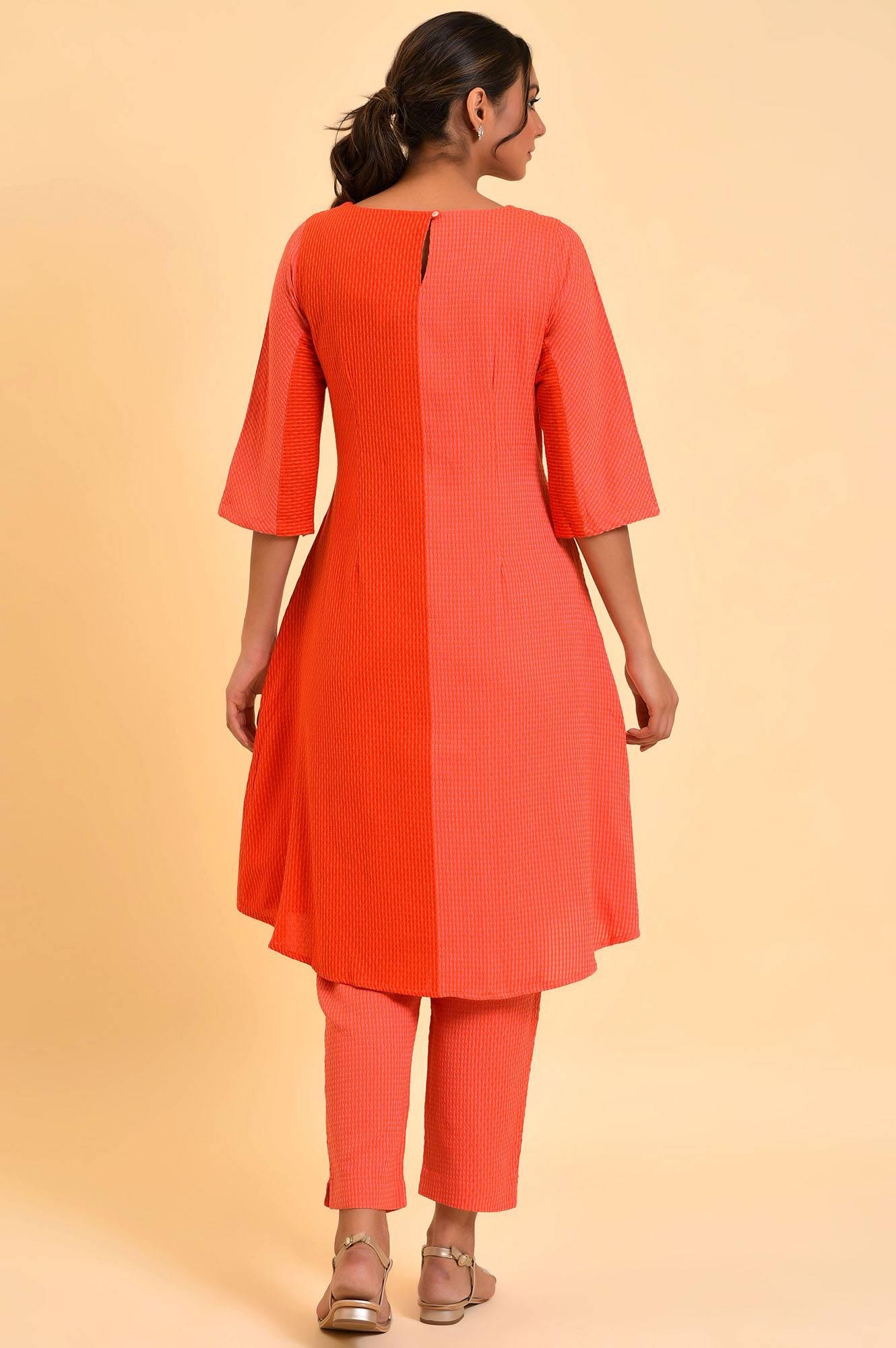 Red Dual Tone Cotton kurta &amp; Slim Pants Co-Ord Set - wforwoman
