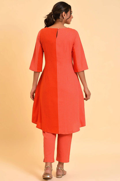 Red Dual Tone Cotton kurta &amp; Slim Pants Co-Ord Set - wforwoman