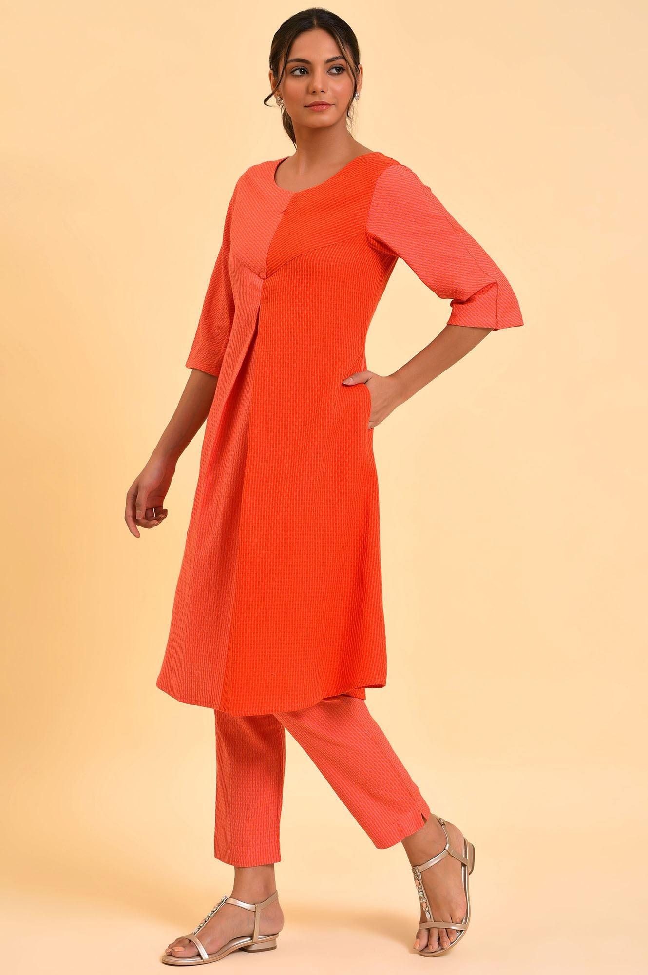 Red Dual Tone Cotton kurta &amp; Slim Pants Co-Ord Set - wforwoman