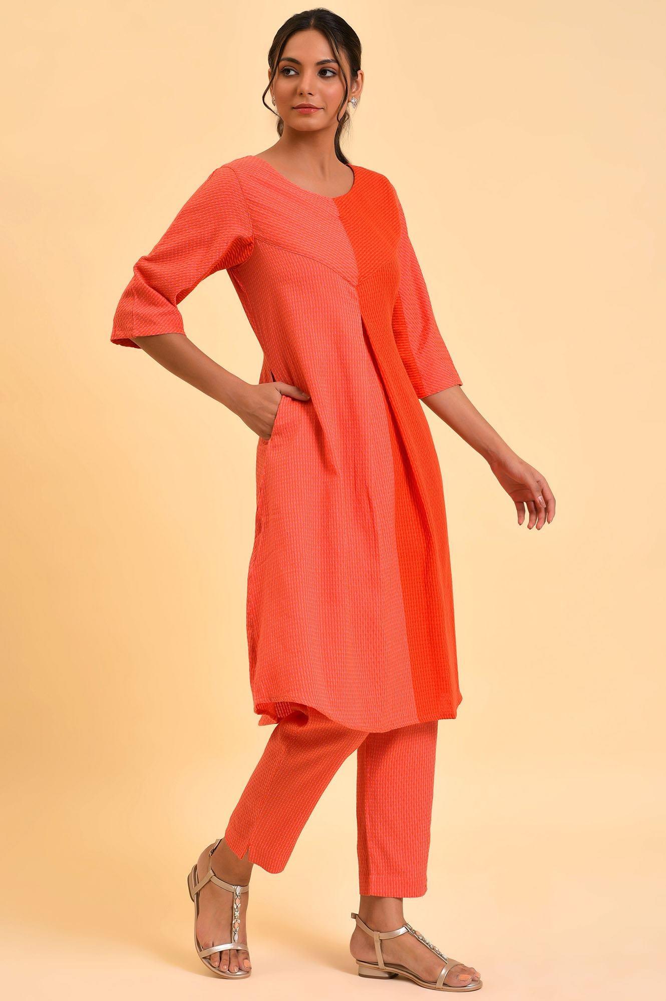 Red Dual Tone Cotton kurta &amp; Slim Pants Co-Ord Set - wforwoman