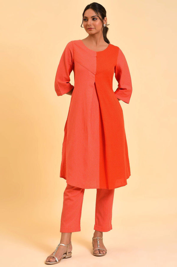 Red Dual Tone Cotton kurta & Slim Pants Co-Ord Set