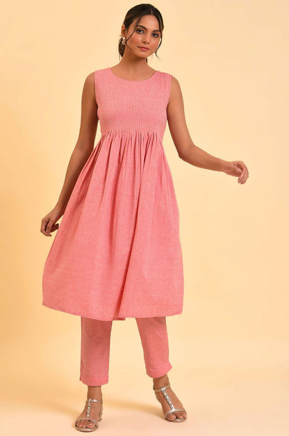 Red Cotton Pleated Sleeveless kurta &amp; Pants Co-Ord Set - wforwoman