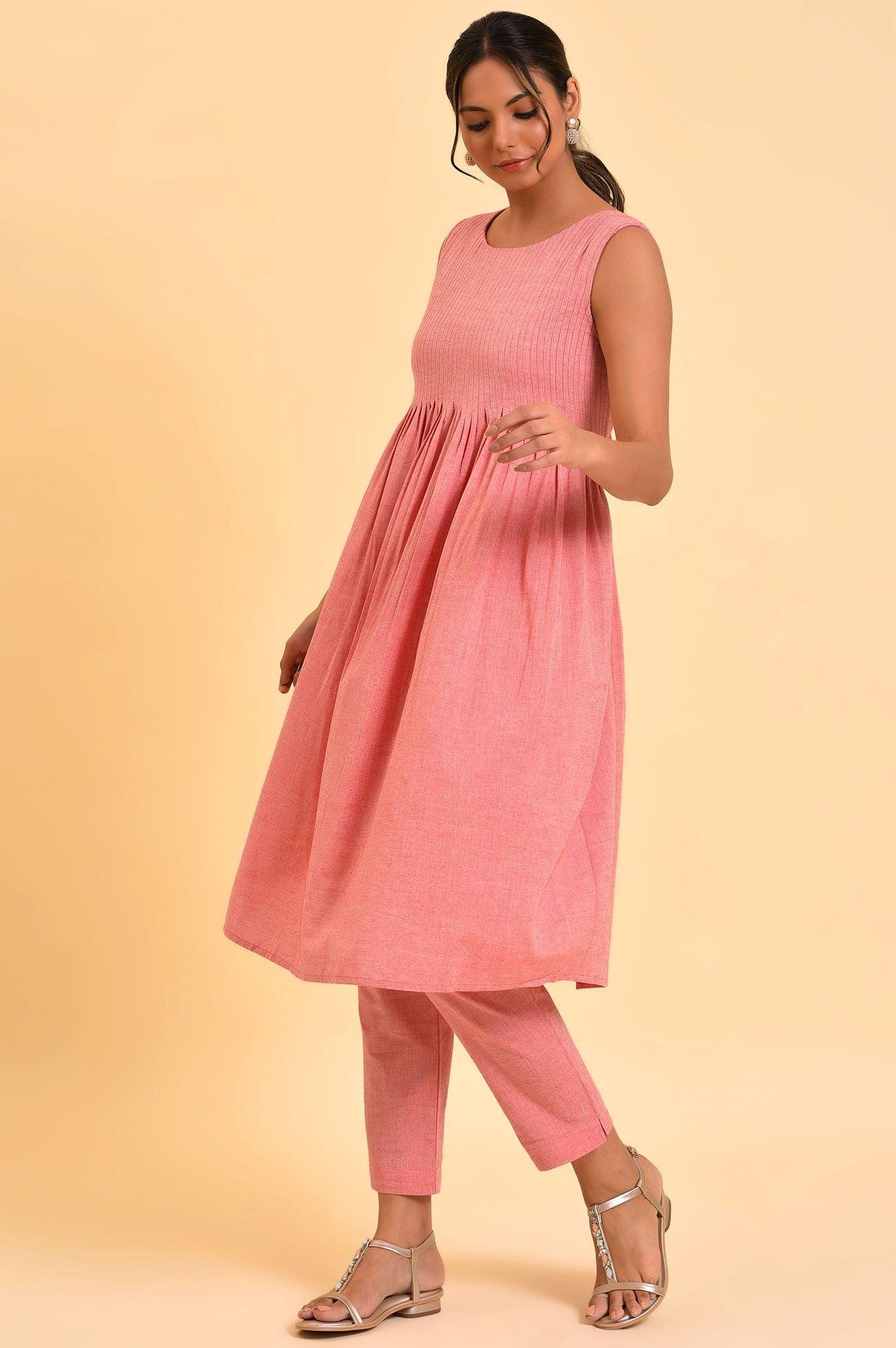 Red Cotton Pleated Sleeveless kurta &amp; Pants Co-Ord Set - wforwoman