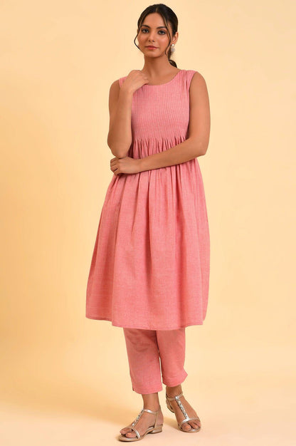 Red Cotton Pleated Sleeveless kurta &amp; Pants Co-Ord Set - wforwoman