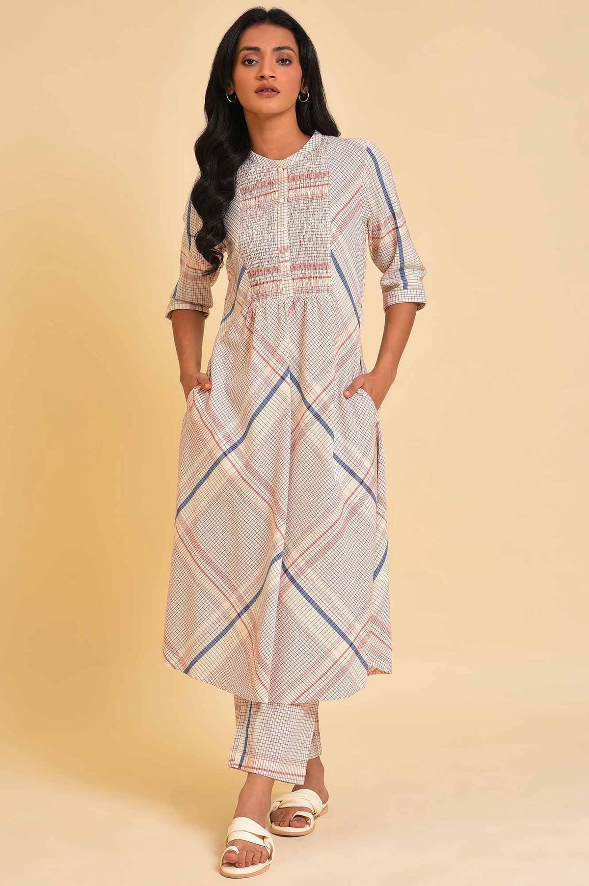 Ecru Bold Checks A-Line kurta & Pants Co-Ord Set - XS