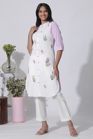 White & Purple Embroidered Cotton Kurta And Pants Set - XS