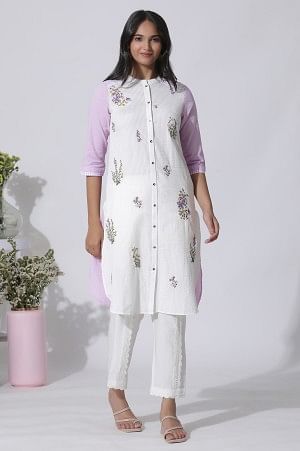 White & Purple Embroidered Cotton Kurta And Pants Set