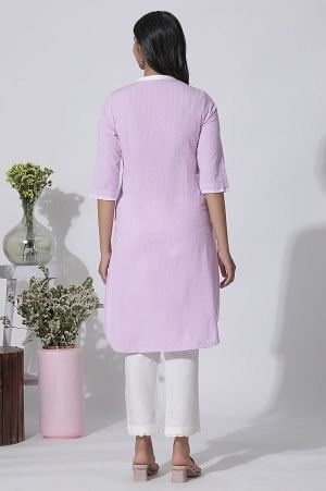 White & Purple Embroidered Cotton Kurta And Pants Set