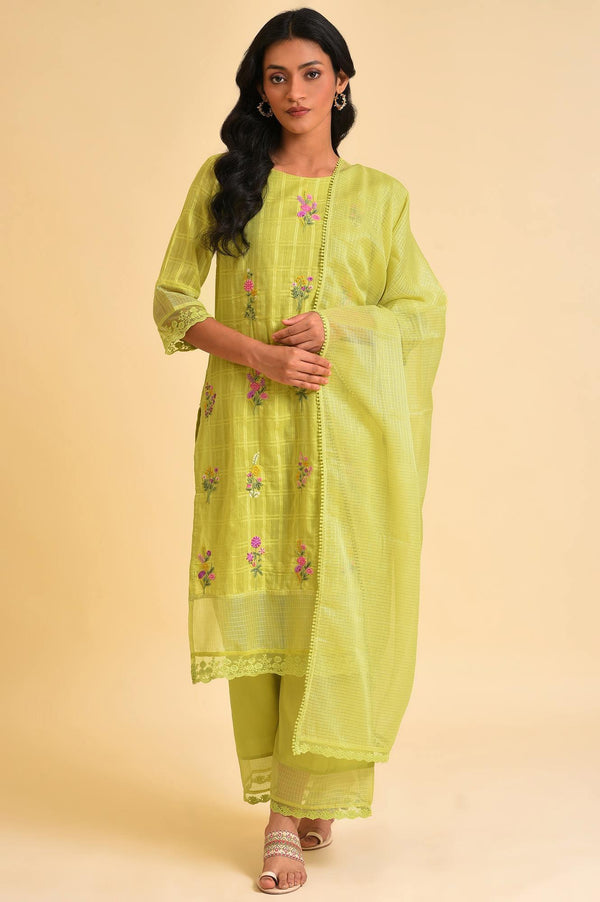 Plus Size Light Green Textured Cotton Embroidered kurta, Parallel Pants & Dupatta Set