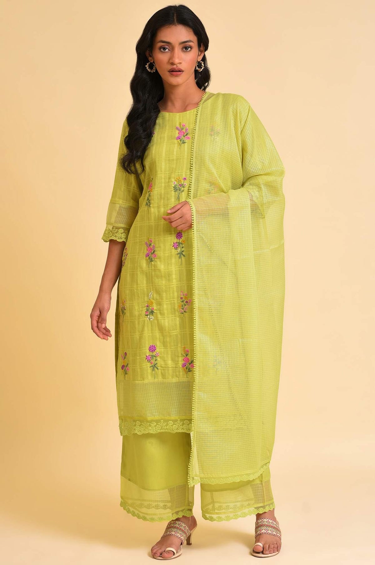 Plus Size Light Green Textured Cotton Embroidered kurta, Parallel Pants & Dupatta Set - 20
