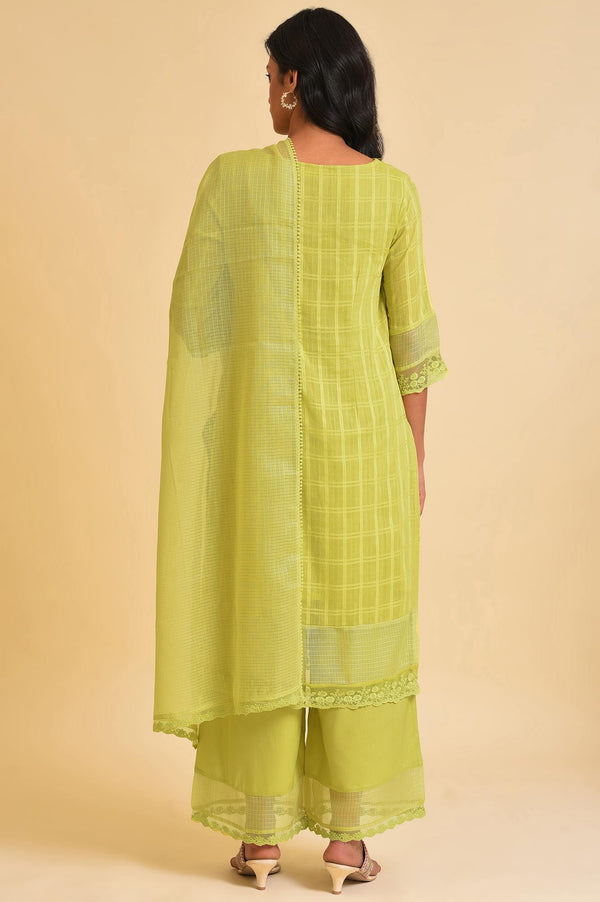 Plus Size Light Green Textured Cotton Embroidered kurta, Parallel Pants & Dupatta Set