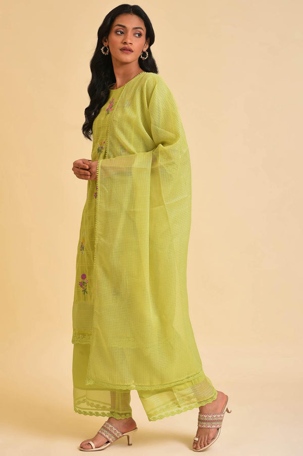 Plus Size Light Green Textured Cotton Embroidered kurta, Parallel Pants & Dupatta Set