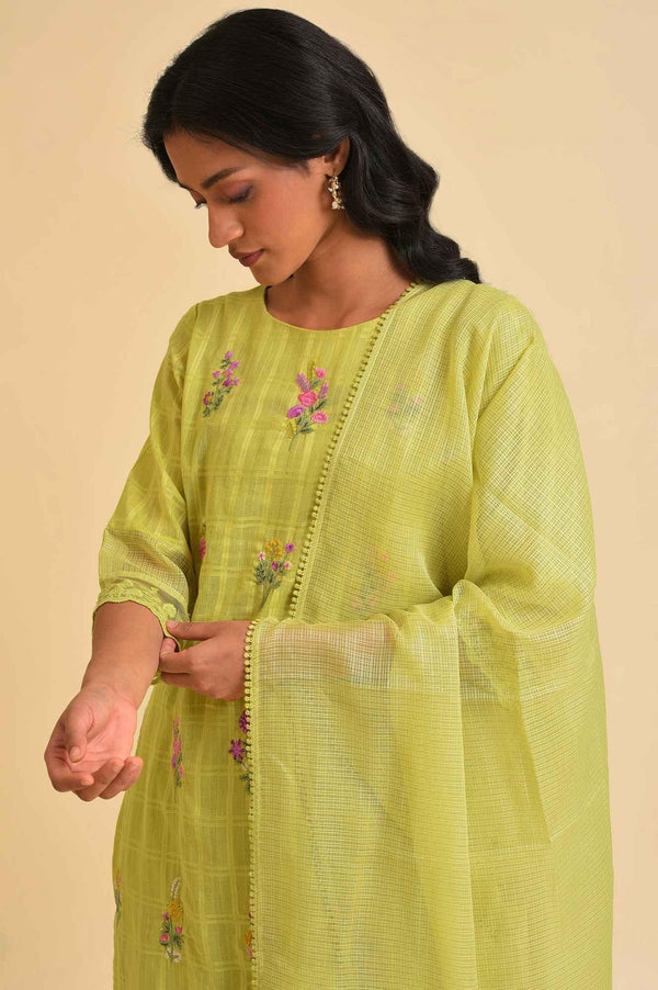 Plus Size Light Green Textured Cotton Embroidered kurta, Parallel Pants & Dupatta Set