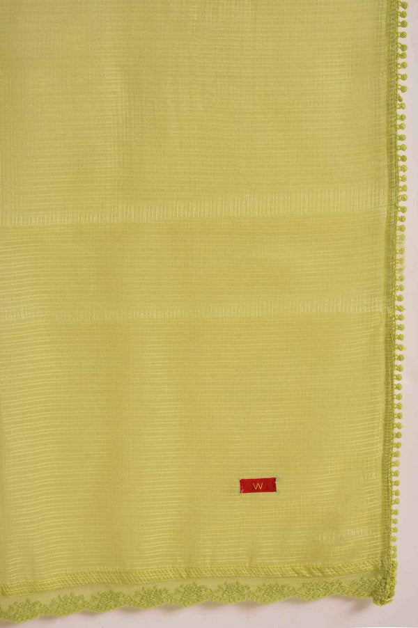 Plus Size Light Green Textured Cotton Embroidered kurta, Parallel Pants & Dupatta Set