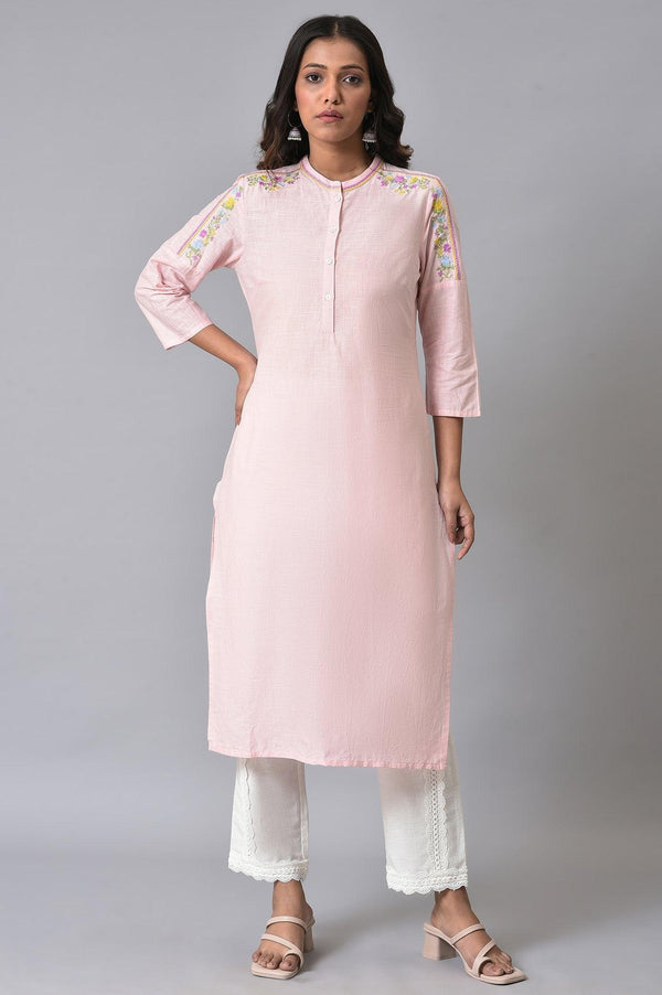 Light Pink Embroidered Pure Cotton Kurta and Lace Pants Set for Women