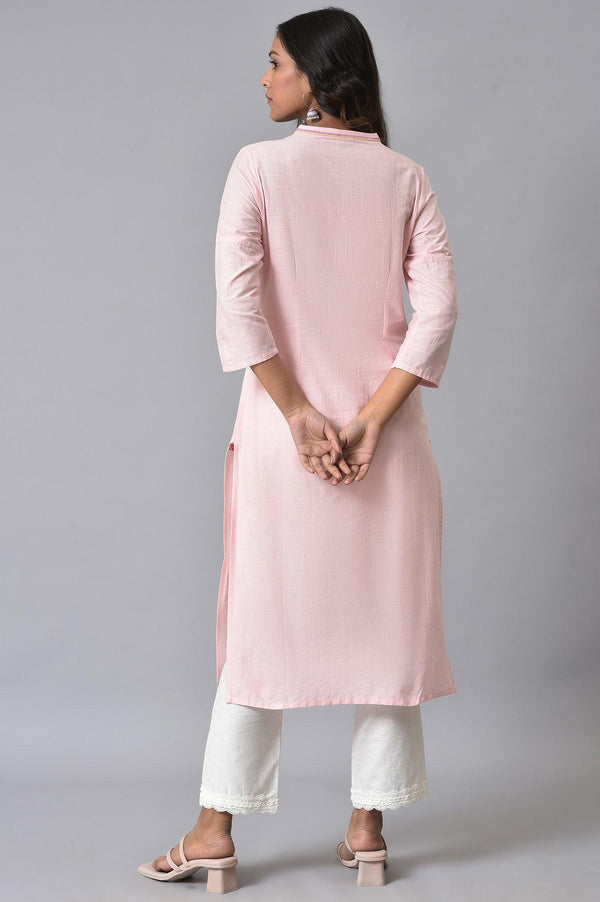 Light Pink Embroidered Pure Cotton Kurta and Lace Pants Set for Women