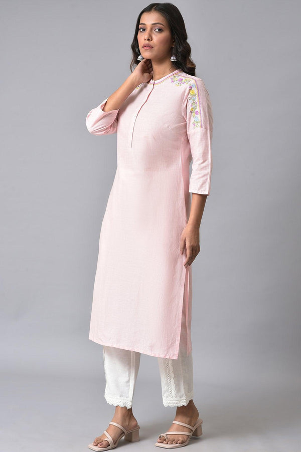 Light Pink Embroidered Pure Cotton Kurta and Lace Pants Set for Women