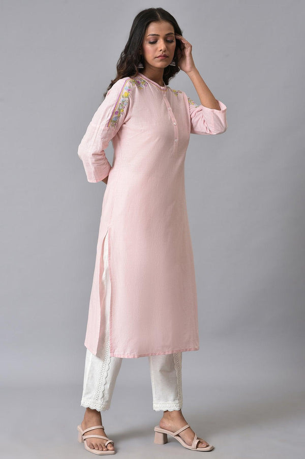Light Pink Embroidered Pure Cotton Kurta and Lace Pants Set for Women