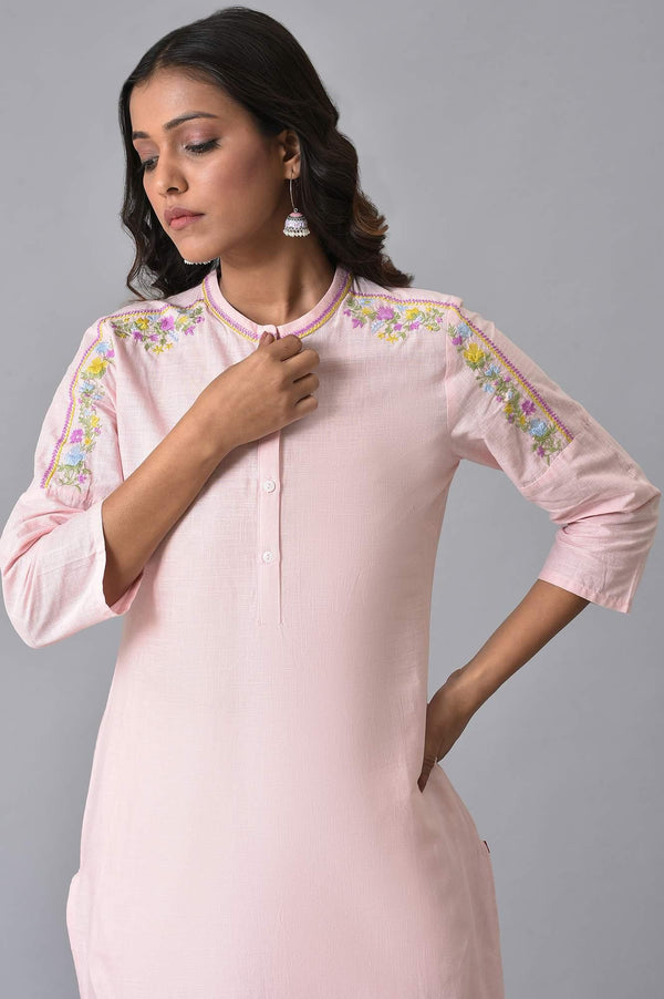 Light Pink Embroidered Pure Cotton Kurta and Lace Pants Set for Women