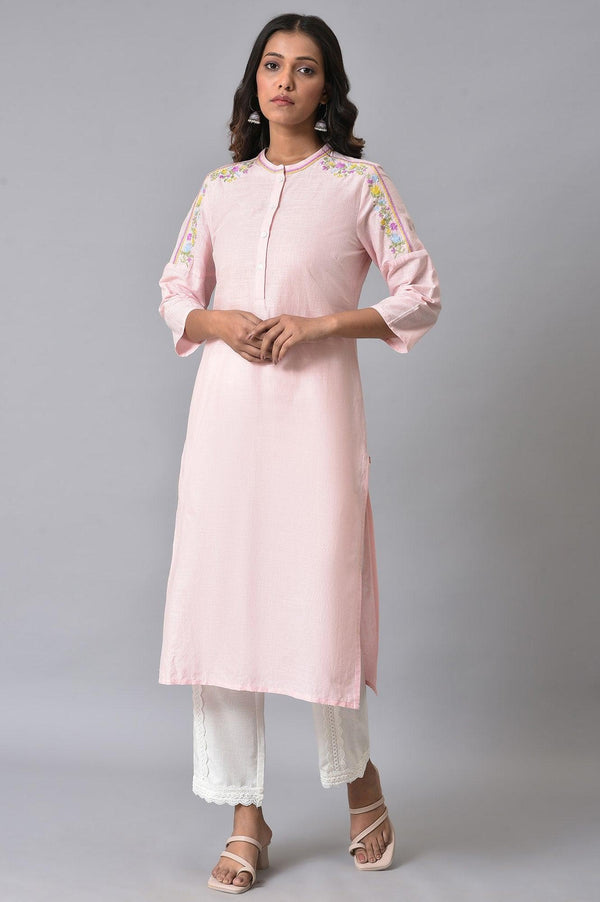 Light Pink Embroidered Pure Cotton Kurta and Lace Pants Set for Women