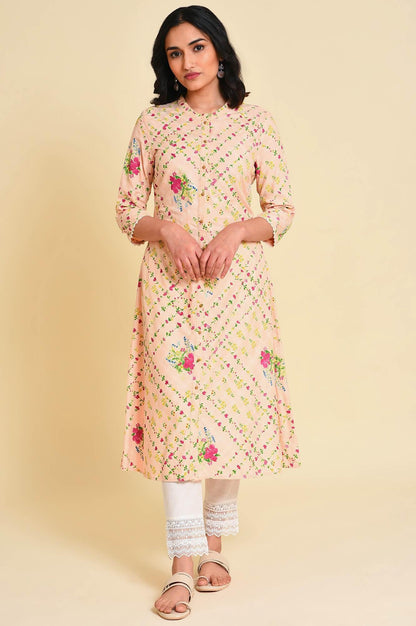 Light Orange Floral Print kurta Set - wforwoman