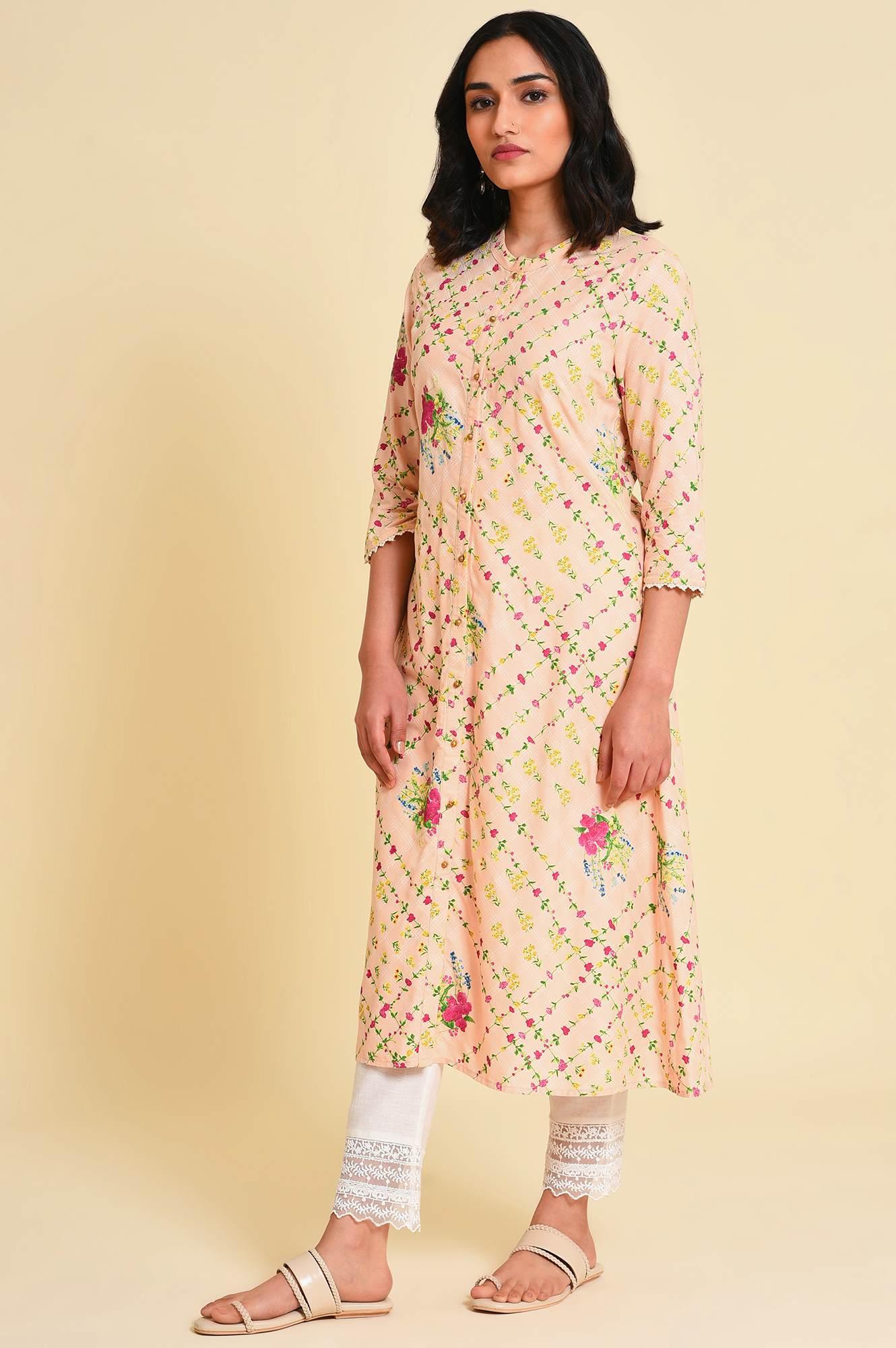 Light Orange Floral Print kurta Set - wforwoman