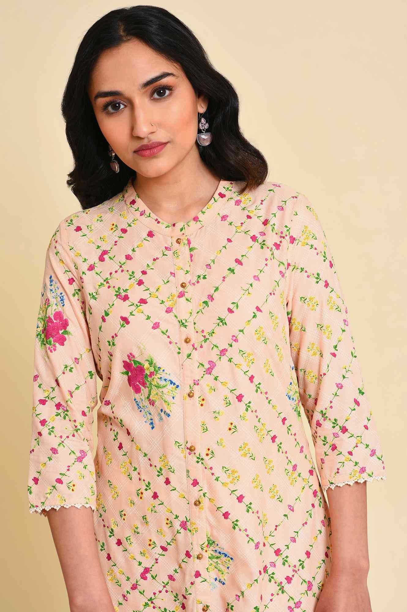 Light Orange Floral Print kurta Set - wforwoman