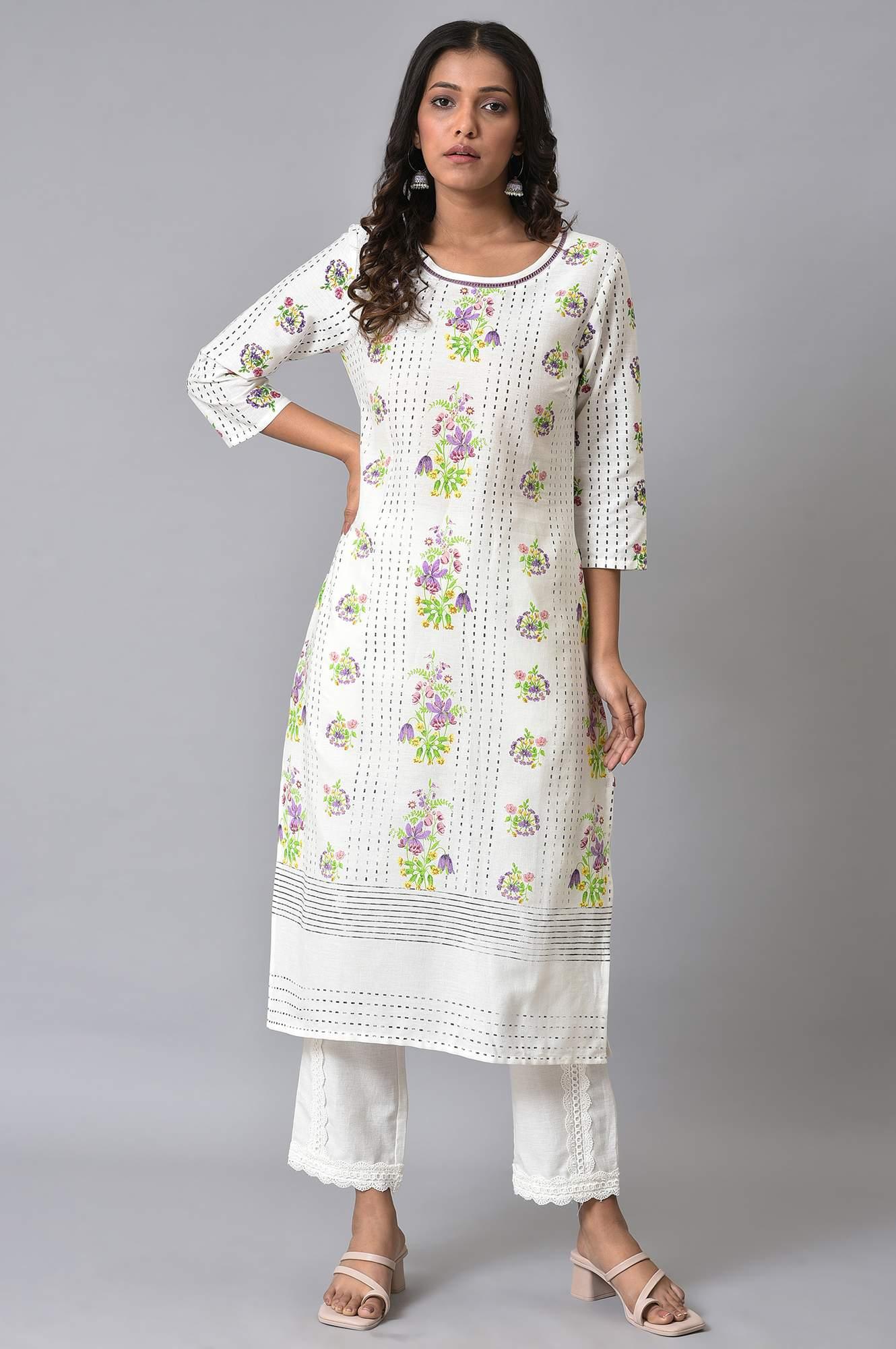 Ecru Floral Printed Straight kurta Set - wforwoman