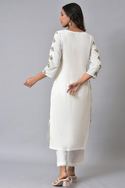 Ecru Floral Printed Straight kurta Set - wforwoman