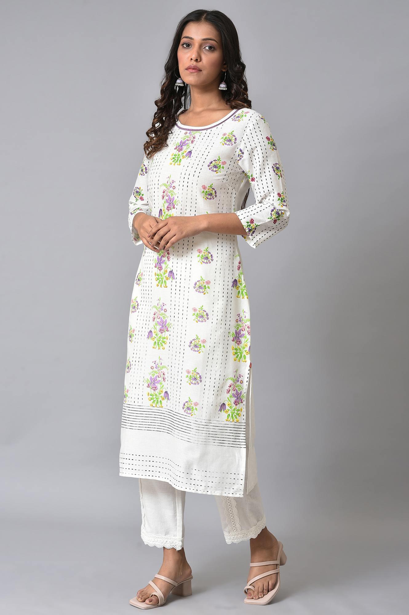 Ecru Floral Printed Straight kurta Set - wforwoman