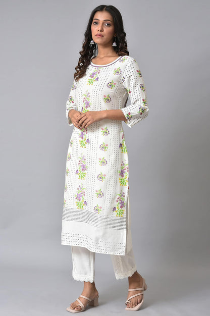 Ecru Floral Printed Straight kurta Set - wforwoman