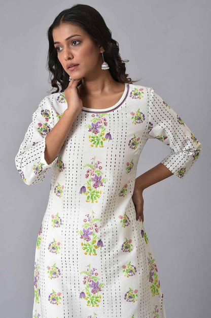 Ecru Floral Printed Straight kurta Set - wforwoman