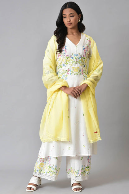 White Floral Print kurta Set - wforwoman